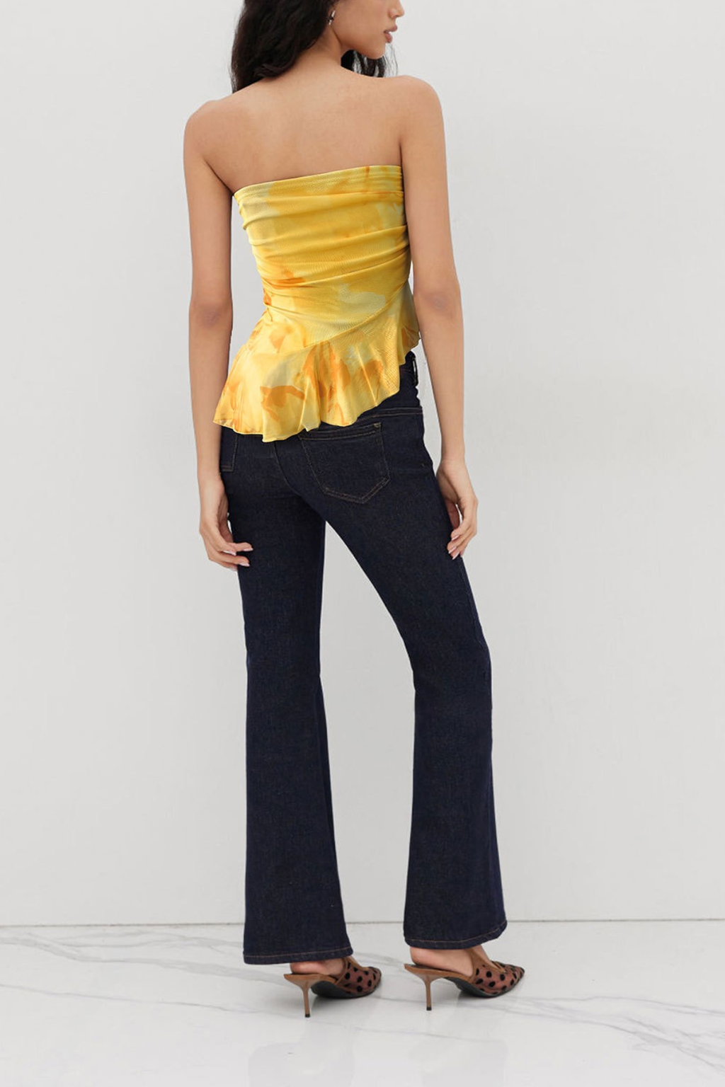 Elara Yellow Watercolor Floral Ruched Side Ruffle Hem Strapless Tube Top Avalabel