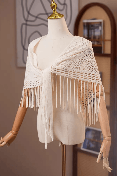 Cream Hollow Knitted Long Tassel Shawl Avalabel