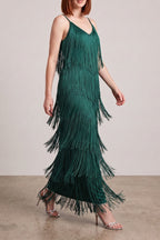Spaghetti Strap V-Neck Layered Fringe Maxi Dress poava