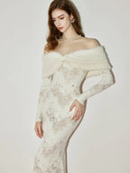 julia Off-Shoulder Fur Collar Long Sleeve lace maxi dress in white Avalabel