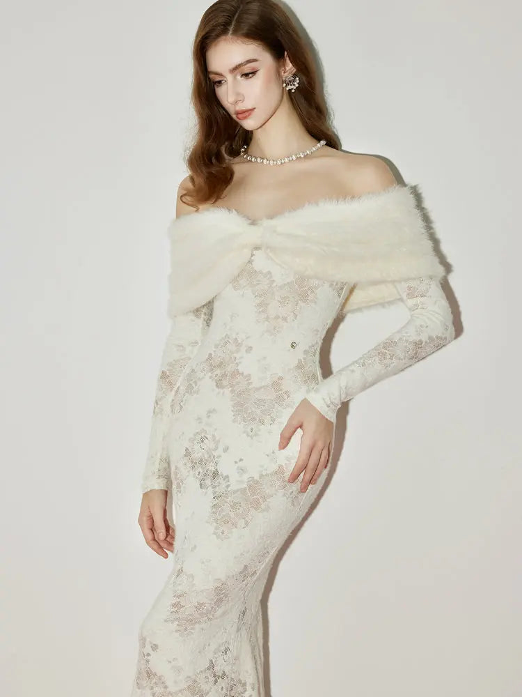 julia Off-Shoulder Fur Collar Long Sleeve lace maxi dress in white Avalabel