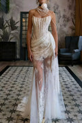 rita ivory sheer lace corset maxi dress with draped neckline Avalabel