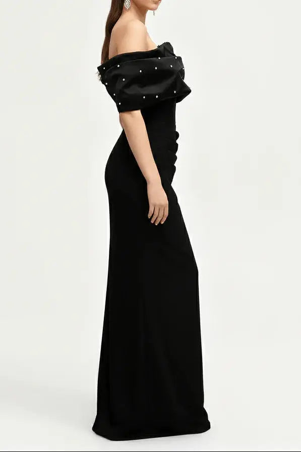 rosemary Black Pearl Embellished Draped strapless maxi dress Avalabel