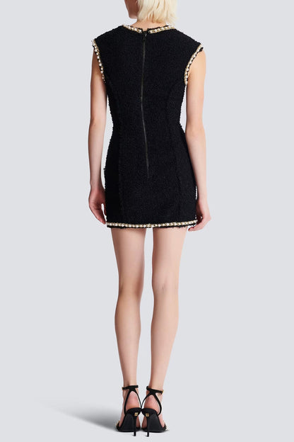 amanda black Tweed mini dress with pearl trim
