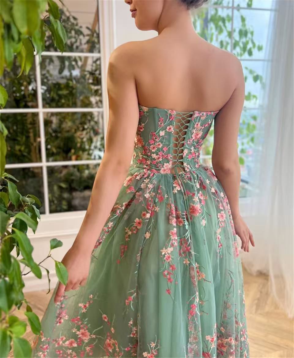 Strapless Floral Tulle Ballerina Midi Dress Avalabel