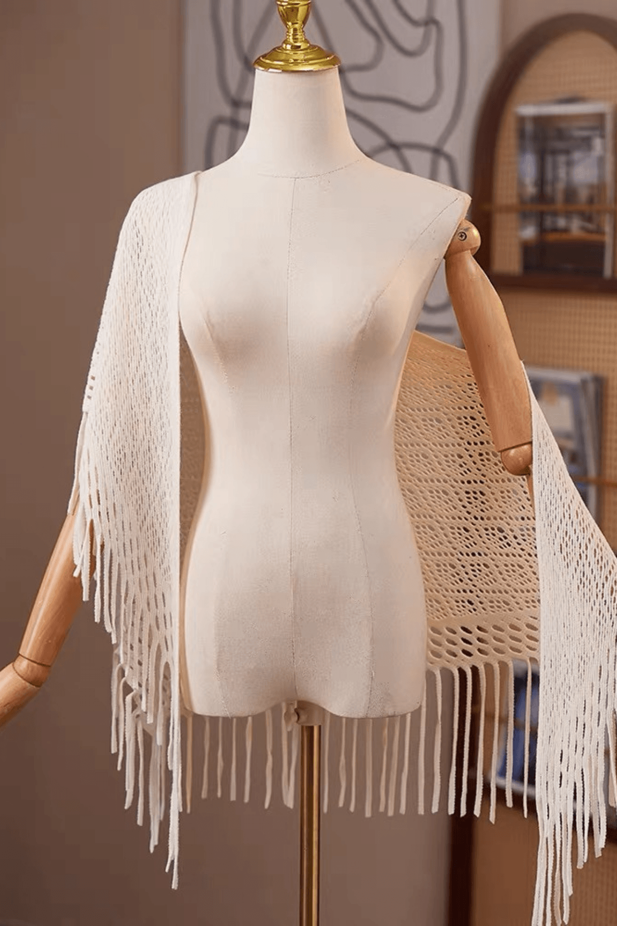 Cream Hollow Knitted Long Tassel Shawl Avalabel