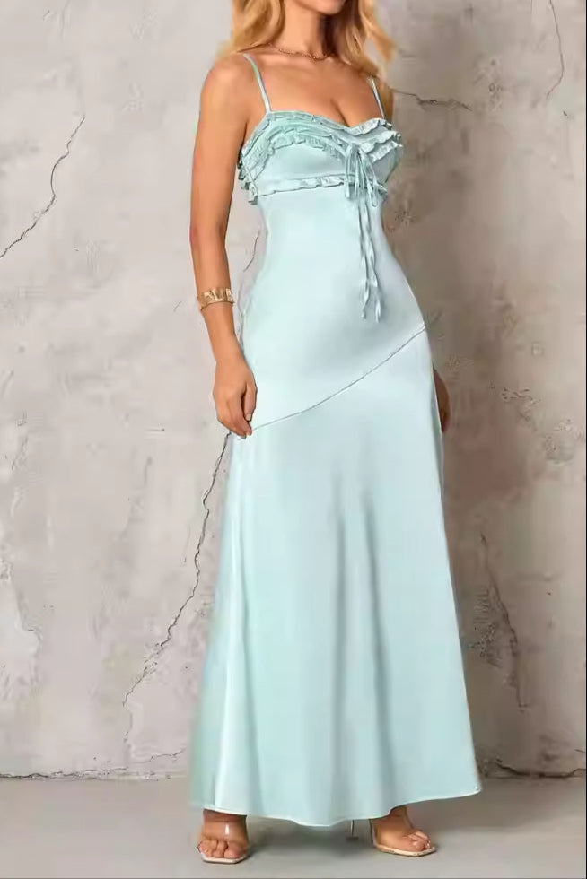 Simona Ruffle Trim Silk Maxi Dress in Mint Avalabel