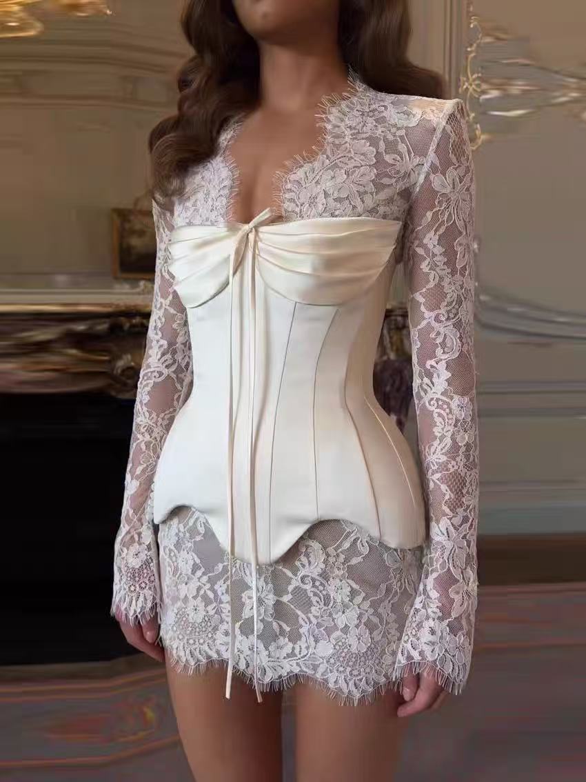 Ivory Lace & Satin Corset Mini Dress Avalabel
