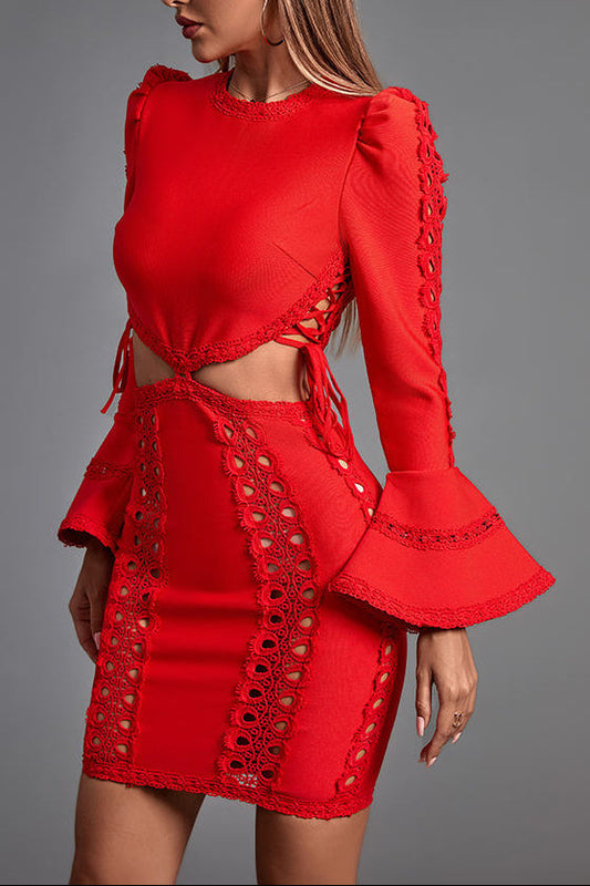 Sandra Red Long Sleeve Cut Out Lace Mini Dress
