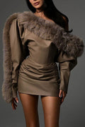 sibyl Leather fur collar asymmetrical mini dress in brown Avalabel
