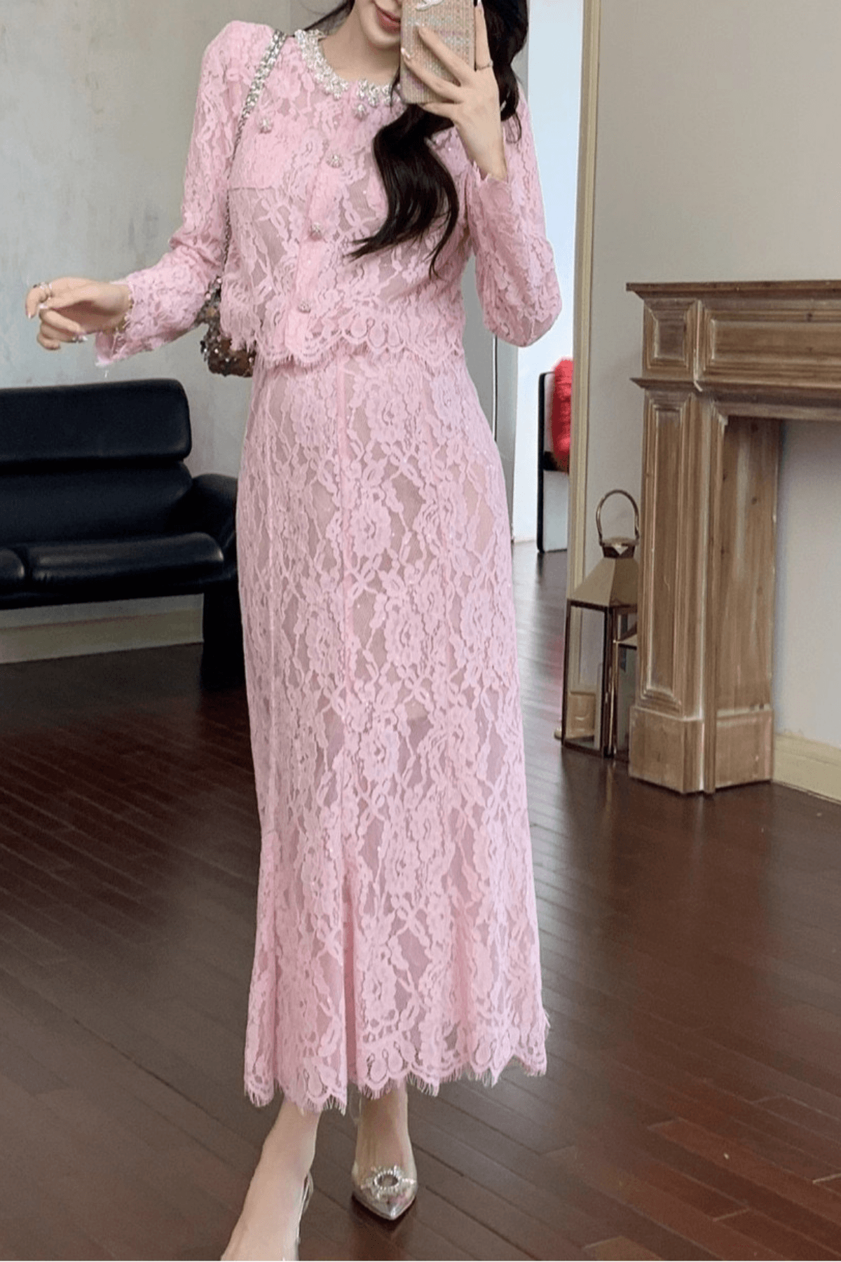 Jodie Beaded Lace Long Sleeve Two Piece Midi Dress Set Avalabel