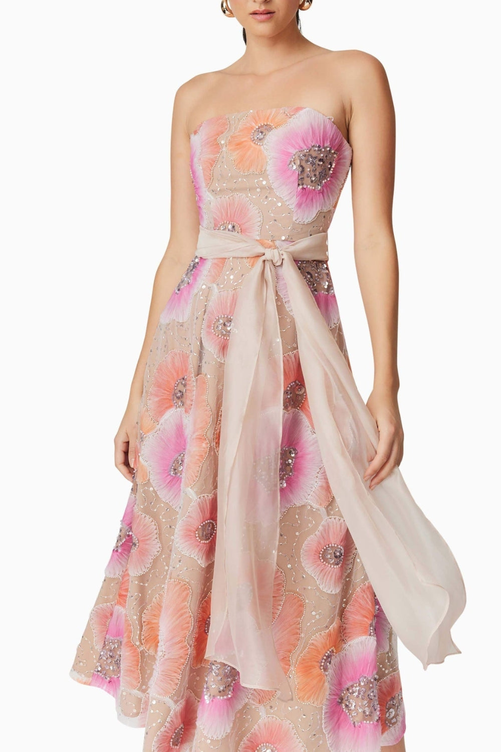 Strapless Flower Sequin Embellished Midi Dress Avalabel