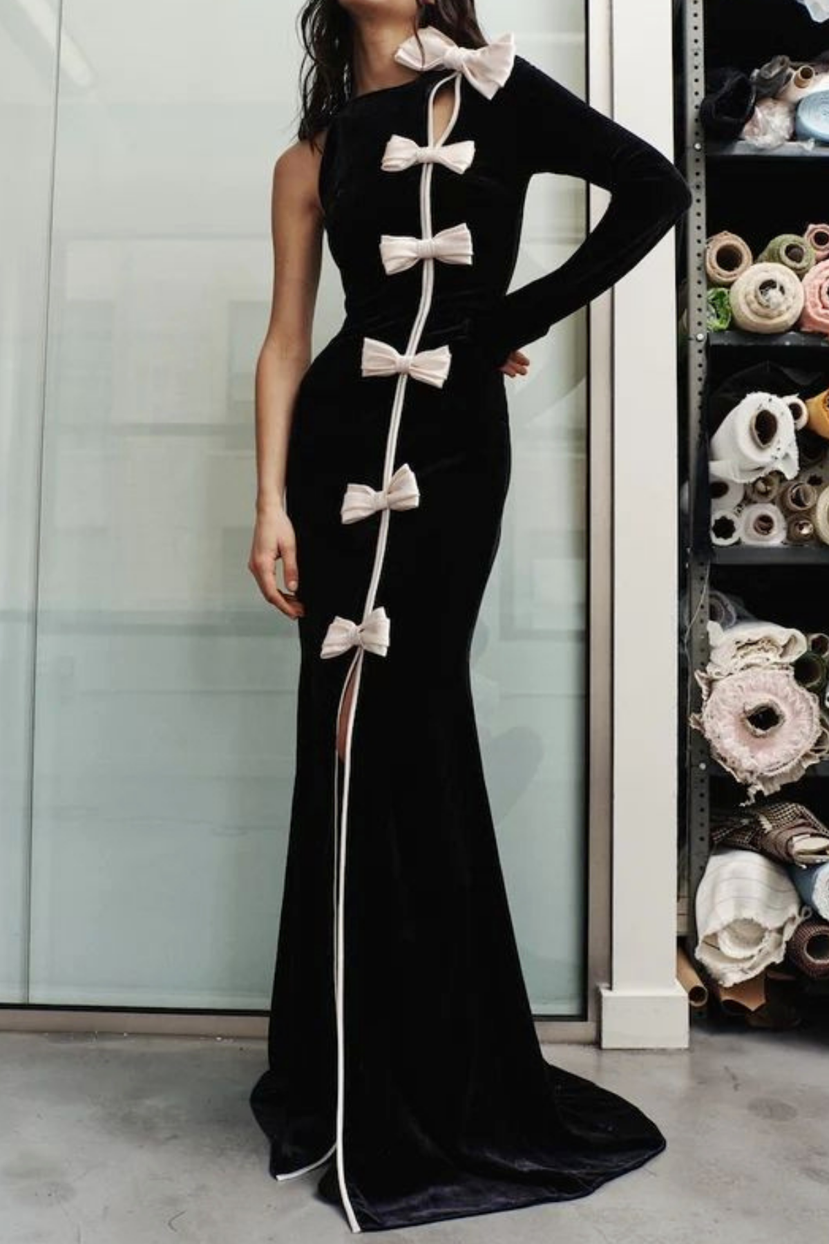 victoria Bow Cascade Velvet Maxi Dress in black Avalabel