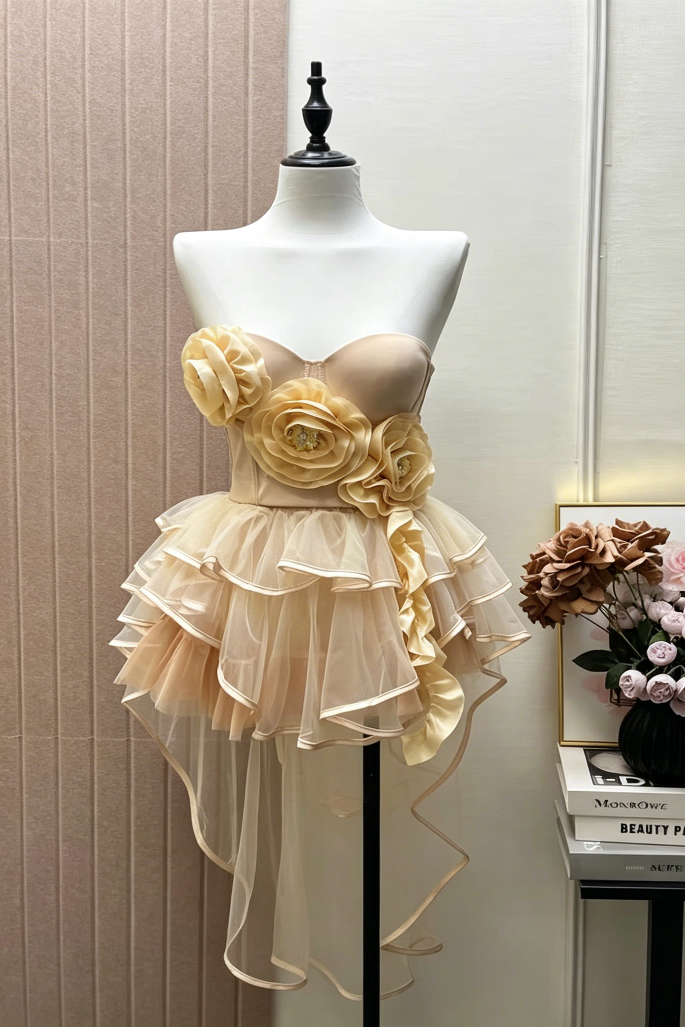 Champagne Strapless 3D Floral Corset Top & High Low Ruffle Tulle Skirt Set Avalabel