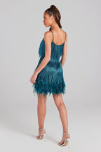 EMERALD TASSEL FEATHER MINI DRESS Avalabel