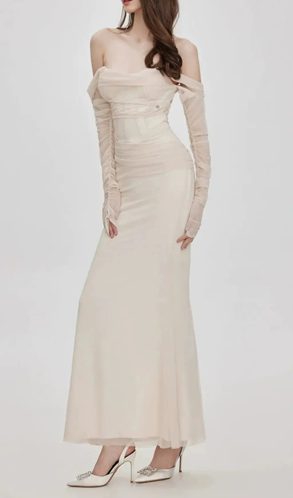 Ariel Apricot Mesh Off-Shoulder Mermaid Maxi Dress Avalabel