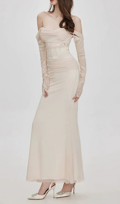Ariel Apricot Mesh Off-Shoulder Mermaid Maxi Dress
