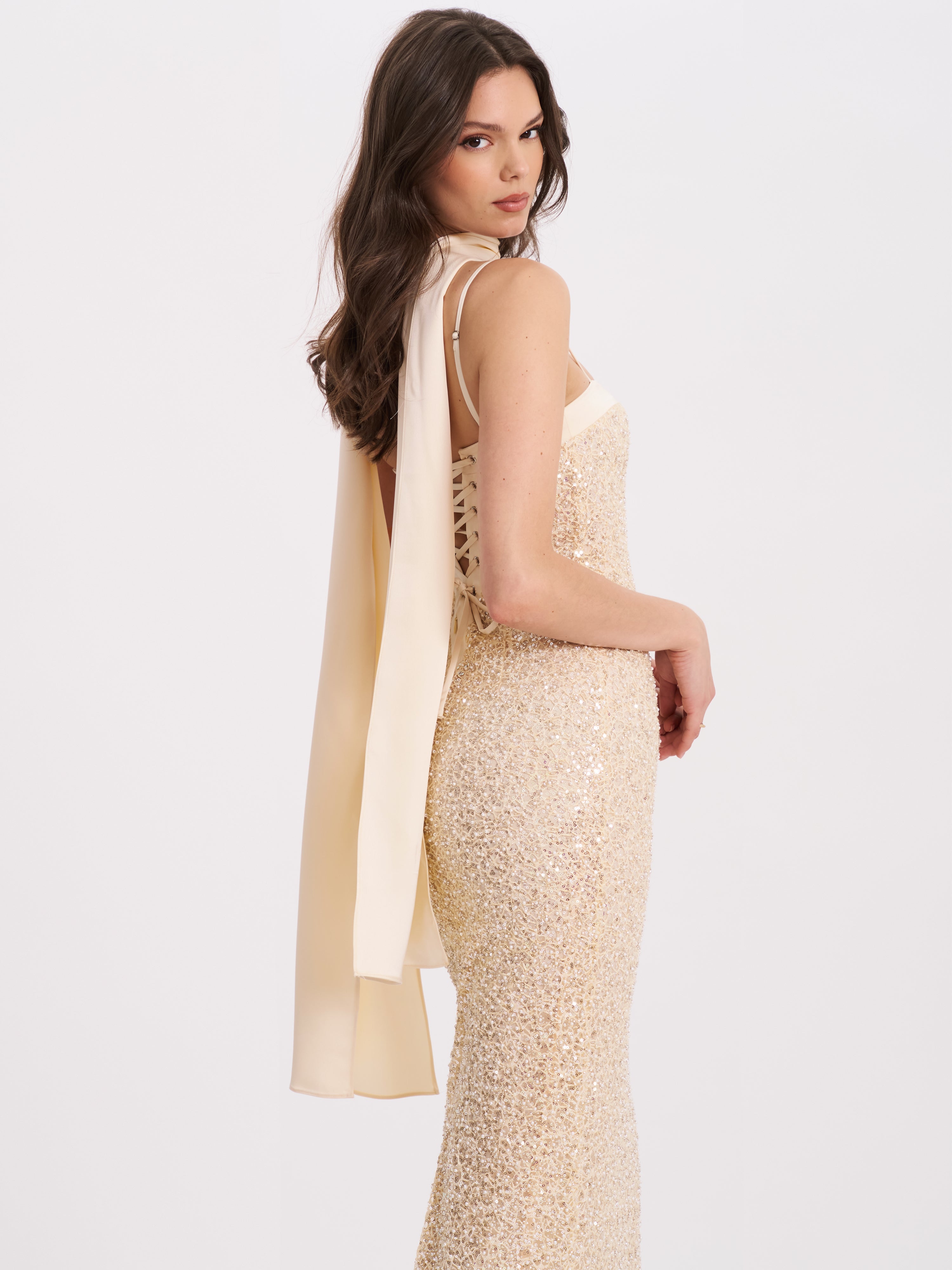 Raizel Gold Beaded Sequin Bodycon Gown with Scarf Avalabel