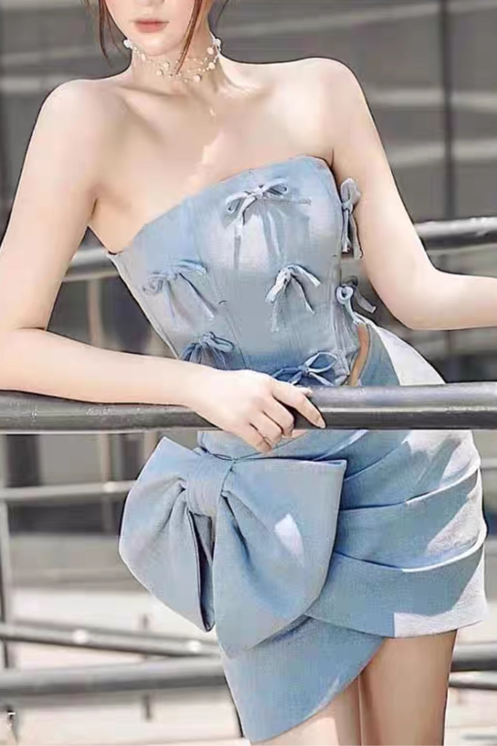 Bow Embellished Two-Piece Set In Blue Avalabel