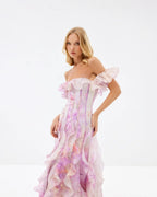 Helen Floral Frill Off-Shoulder Maxi Dress in Pink Avalabel