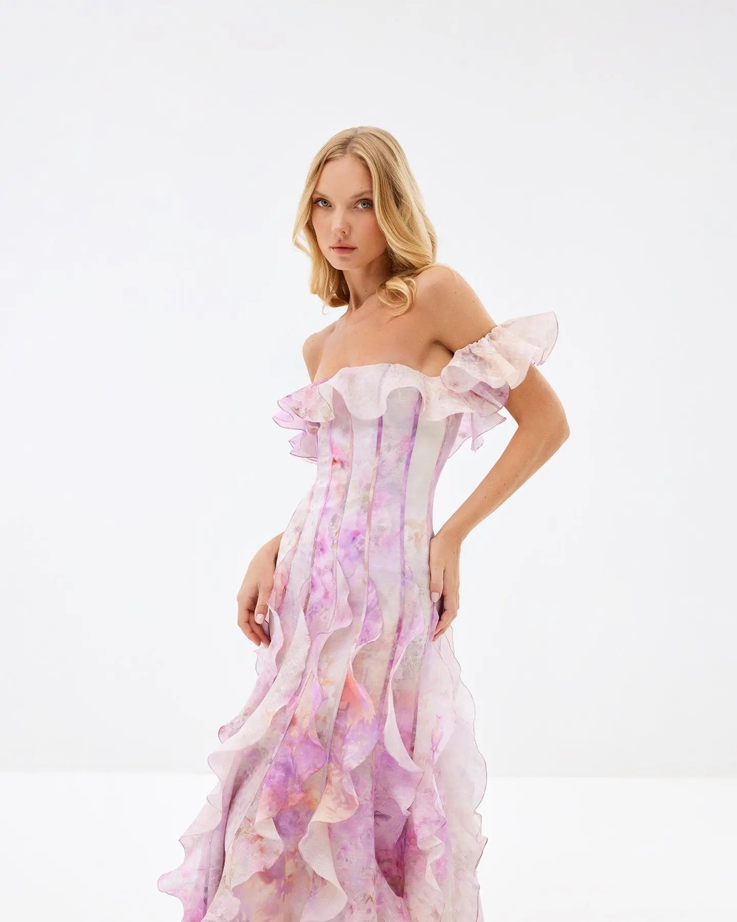 Helen Floral Frill Off-Shoulder Maxi Dress in Pink Avalabel