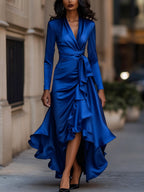 Midnight Blue Draped Satin Maxi Dress With Ruffle Details Avalabel