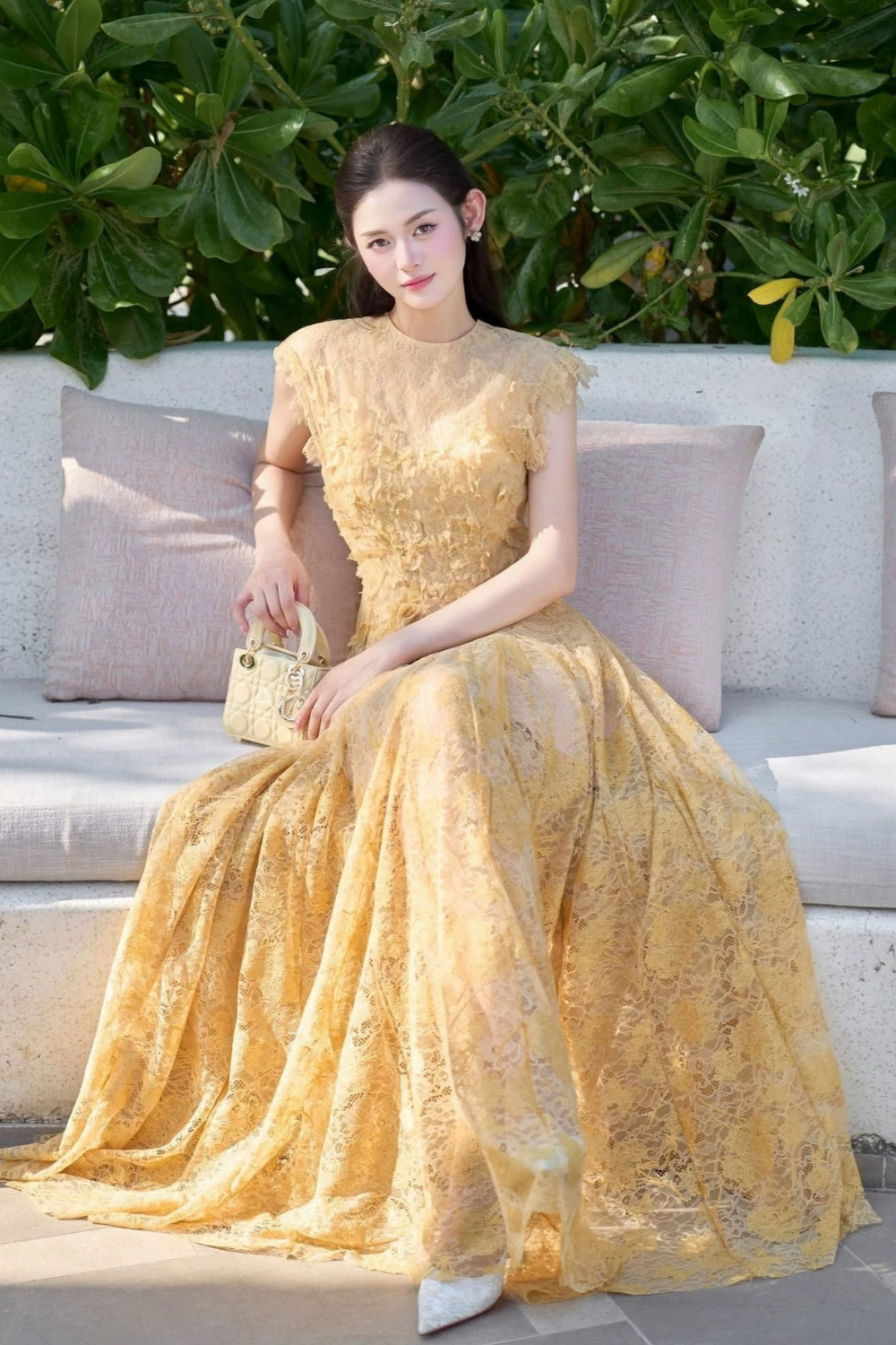 jennifer Lace Flower embellished maxi Dress in yellow Avalabel
