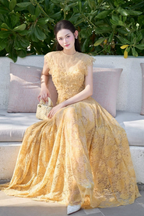 jennifer Lace Flower embellished maxi Dress in yellow Avalabel