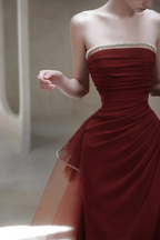 Cora Burgundy Strapless Ruched Tulle Dress Avalabel