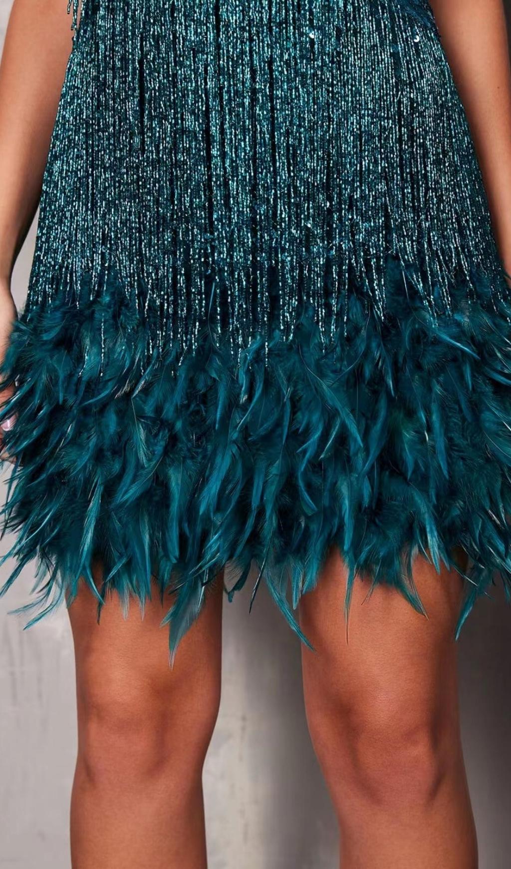 EMERALD TASSEL FEATHER MINI DRESS Avalabel