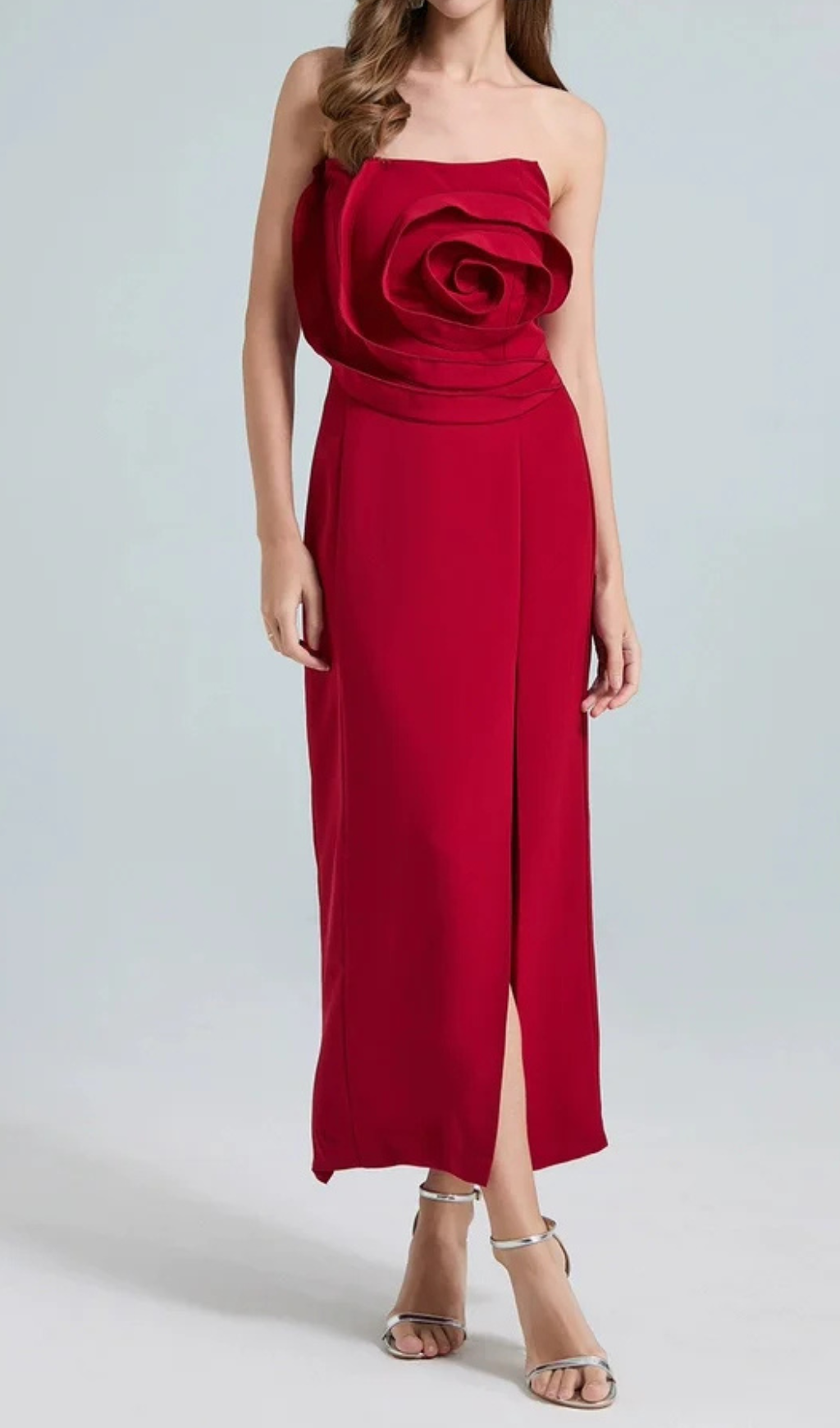 Michelle 3D Flower Strapless Midi Dress in Red Avalabel