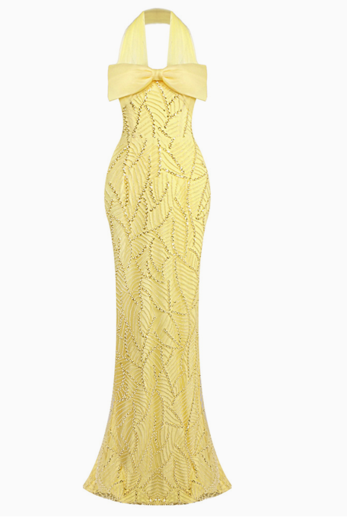 Kasey Halter Bow Beaded Mermaid Maxi Dress in Yellow Avalabel