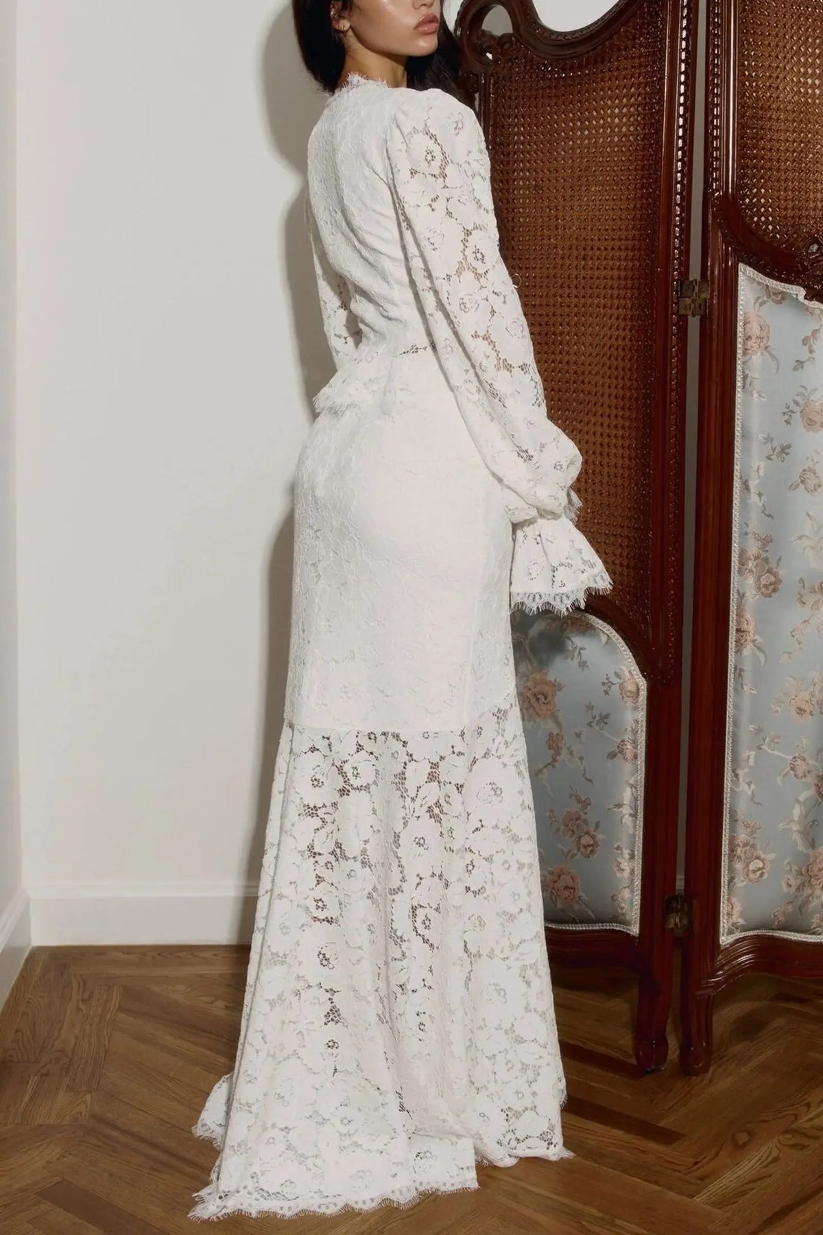 emily Lace Trimmed Puff Sleeved Top & Fishtail Skirt Set in white Avalabel