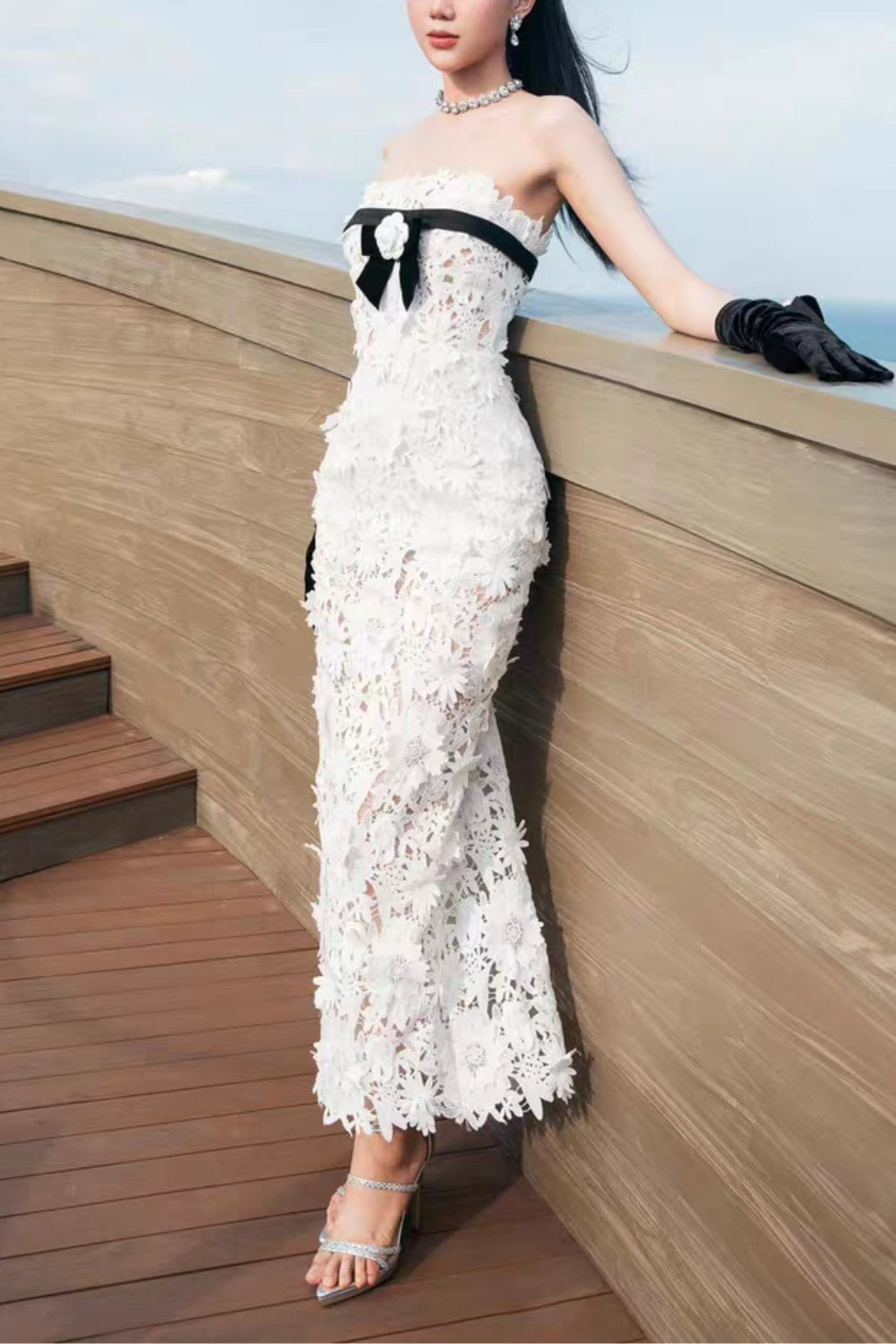 Strapless Flower Embroidery Maxi Dress In White Avalabel