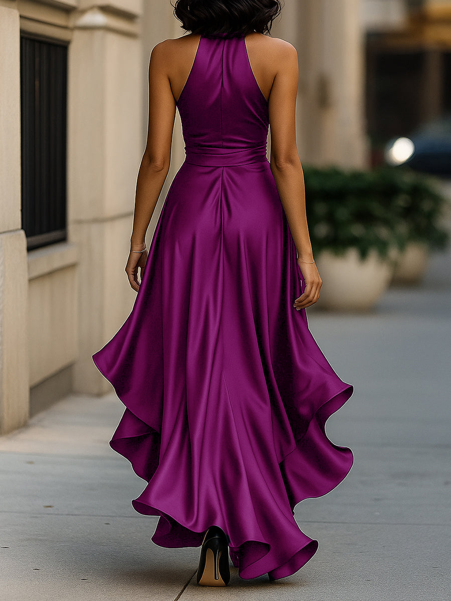 Midnight Elegance Satin Halter Ruffle Gown Avalabel