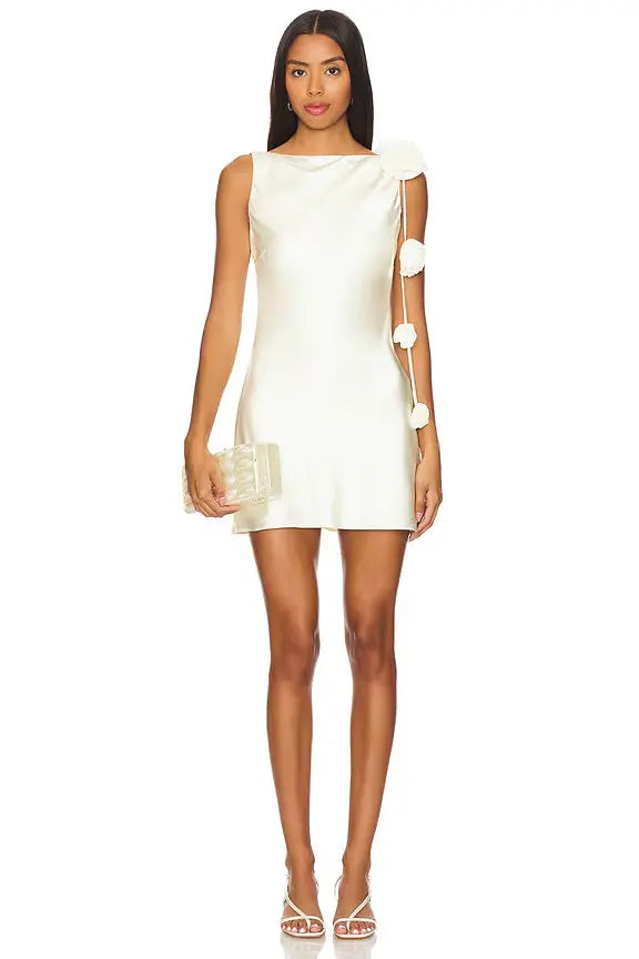 Zenobia Floral Detail Mini Satin Mini Dress in White Avalabel