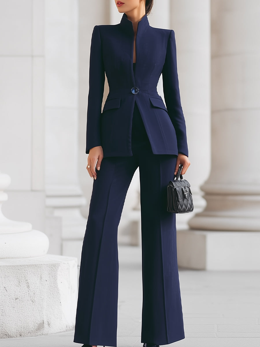 Sophisticated  High-Collar Blazer & Wide-Leg Trousers Set Avalabel