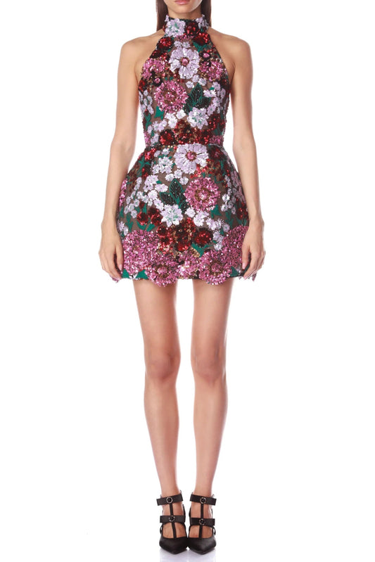Violet Open-Back Embroidered Mini Dress