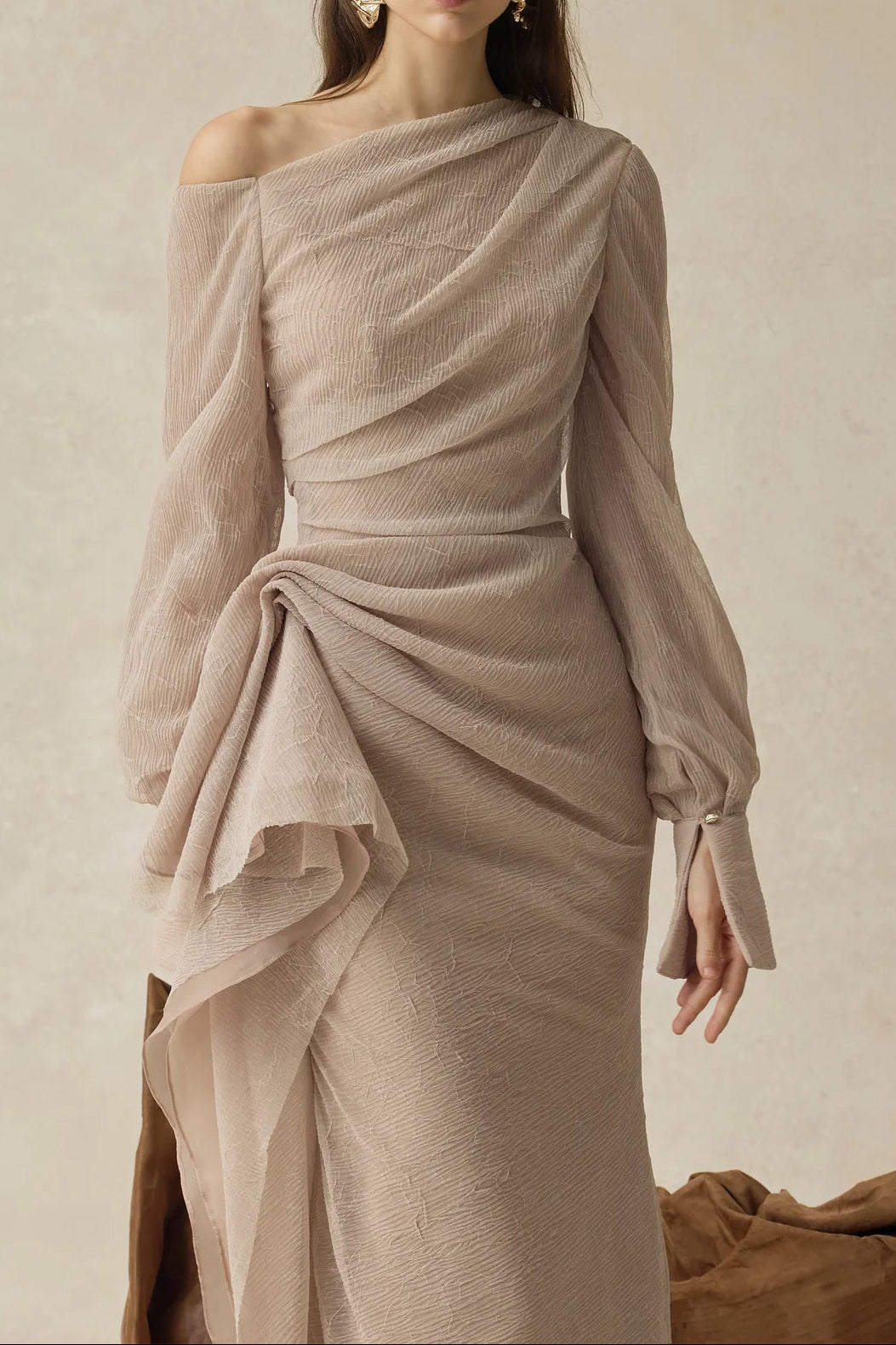 brianna Asymmetric Long Sleeve pleated maxi Dress in beige Avalabel