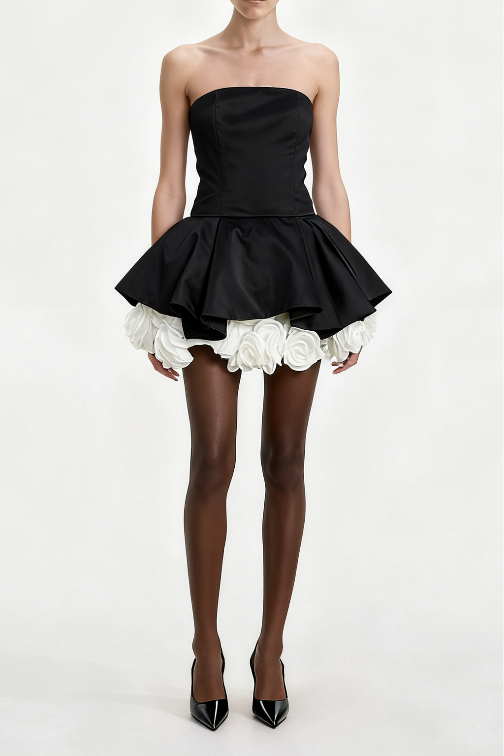 Lucie black petal-layered strapless corset mini dress Avalabel
