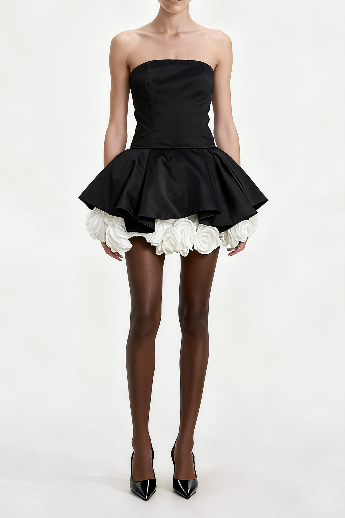 Lucie black petal-layered strapless corset mini dress Avalabel