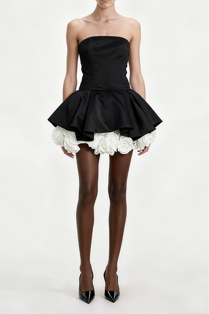 Lucie black petal-layered strapless corset mini dress