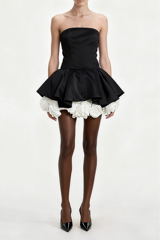 Lucie black petal-layered strapless corset mini dress