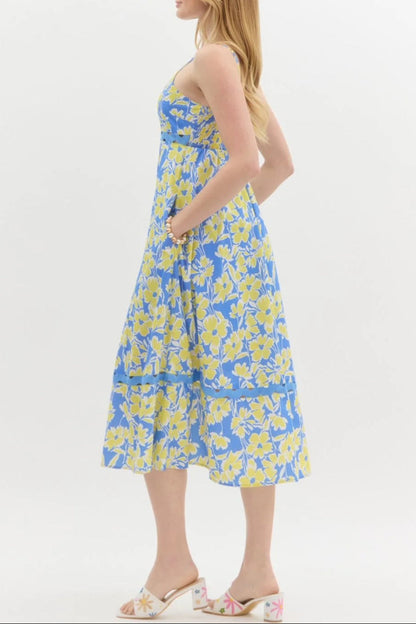 Wallis Floral Print HHollow Midi Dress in Blue