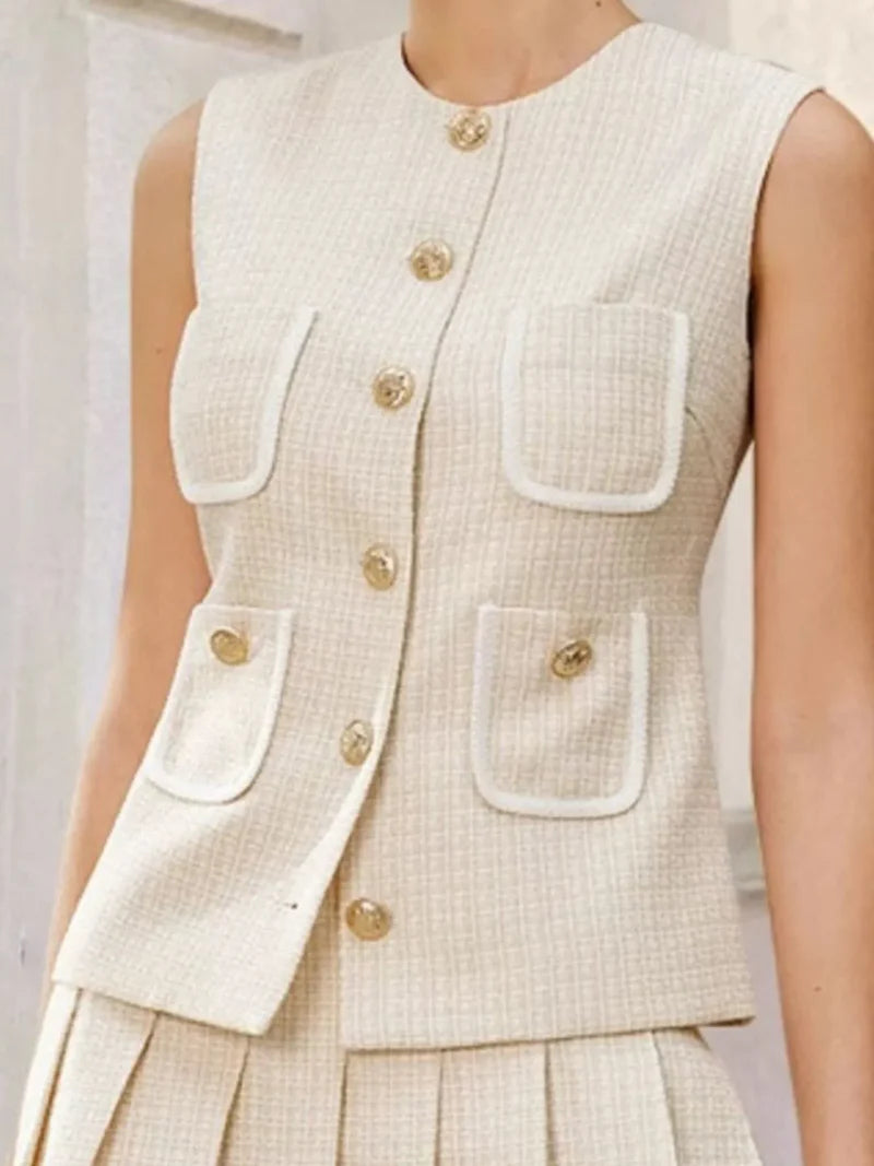 Celeste Tweed Button-Front Vest Pleated Skirt Set in Apricot Avalabel