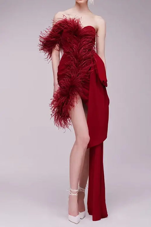 burgundy feather embellished strapless mini dress Avalabel