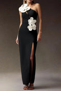 Black Heloise Flowers Slit One Shoulder Bandage Maxi Dress Avalabel
