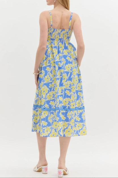 Wallis Floral Print HHollow Midi Dress in Blue
