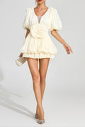 Eartha Apricot 3D Flower Organza Pleated Mini Dress Avalabel
