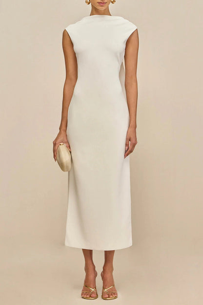 white sleeveless backless knit midi dress with two pleated golden embellishments